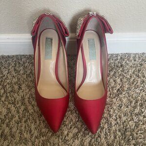 Betsy Johnson Red Satin Heel With Rhinestone Bow